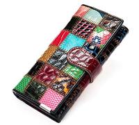 Karoukee Handmade Patchwork Trifold Large Wallet for Women Colorful Genuine Leather Stitched Credit Card Holder Phone Clutch Purse