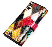 Karoukee Handmade Patchwork Trifold Large Wallet for Women Colorful Genuine Leather Stitched Credit Card Holder Phone Clutch Purse