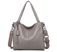 Karoukee Large Genuine Leather Tote Bag for Women, 11.4" Hobo Shoulder Bag with Multiple Compartments, Ladies Spacious Work Handbag with Removable & Adjustable Wide Strap - Gray