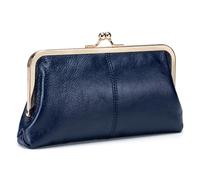 Karoukee Large Genuine Leather Wallet for Women Vintage Ladies Kiss-Lock Wallet with Coin Pocket Cell Phone Purse, Navy Blue