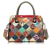 Karoukee Leather Top-Handle Handbag for Women, Retro Patchwork Tote Bag, Unique Laides Crossbody Shoulder Bag with Adjustable Strap