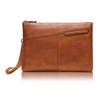 Karoukee Luxury Men's Clutch Leather Handbag, Formal Large Business Clutch Bag with Hand Strap, Handheld Clutch Bag for Mobile Phone and Tablet, Brown