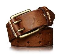 Karoukee Men's Rugged Full-grain Leather Belt - Stylish Double Prong Belt for Men, Solid Brass Buckle, Packed in Gift Box
