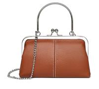Karoukee Mini Genuine Leather Shoulder Bag for Women, Vintage Kiss Lock Crossbody Purse, Ladies Retro Clutch with Detachable Chain Strap, Compact Phone Bag Purse - Brown