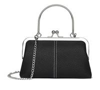 Karoukee Mini Genuine Leather Shoulder Bag for Women, Vintage Kiss Lock Crossbody Purse, Ladies Retro Clutch with Detachable Chain Strap, Compact Phone Bag Purse - Black