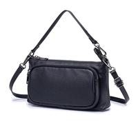 Karoukee Minimalist Women‘s Shoulder Bag, Ladies Genuine Pebbled Leather Crossbody Purse, Solid Color Small Handbag with Separate Compartments, 1 Short Strap & 1 Adjustable Strap - Black