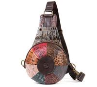 Karoukee Patchwork Genuine Leather Sling Backpack for Women Stylish Crossbody Backpack Ladies Small Chest Bag, Patent Leather