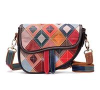 Karoukee Patchwork Small Crossbody Bag for Women Unique Genuine Leather Shoulder Bag Cell Phone Purse with Removable Shoulder Strap