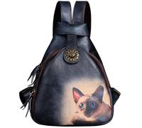 Karoukee Small Backpack Purse for Women Vintage Genuine Leather Backpacks Ladies Casual Daypack with Cute Painted Cat Pattern