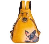 Karoukee Small Backpack Purse for Women Vintage Genuine Leather Backpacks Ladies Casual Daypack with Cute Painted Cat Pattern