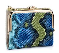 Karoukee Snake-Embossed Genuine Leather Wallet for Women, Compact Bifold Kiss-Lock Coin Purse with Zipper Pocket/8 Card Slots/ID Window, Ladies RFID-Blocking Small Card Holder - Blue/Green