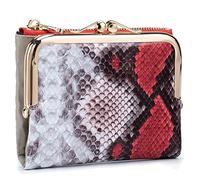 Karoukee Snake-Embossed Genuine Leather Wallet for Women, Compact Bifold Kiss-Lock Coin Purse with Zipper Pocket/8 Card Slots/ID Window, Ladies RFID-Blocking Small Card Holder - Red/White
