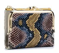 Karoukee Snake-Embossed Genuine Leather Wallet for Women, Compact Bifold Kiss-Lock Coin Purse with Zipper Pocket/8 Card Slots/ID Window, Ladies RFID-Blocking Small Card Holder - Gold/Brown