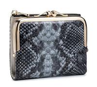 Karoukee Snake-Embossed Genuine Leather Wallet for Women, Compact Bifold Kiss-Lock Coin Purse with Zipper Pocket/8 Card Slots/ID Window, Ladies RFID-Blocking Small Card Holder - Black/Gray