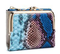 Karoukee Snake-Embossed Genuine Leather Wallet for Women, Compact Bifold Kiss-Lock Coin Purse with Zipper Pocket/8 Card Slots/ID Window, Ladies RFID-Blocking Small Card Holder - Blue/Purple
