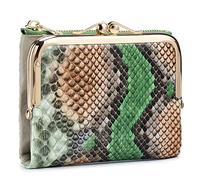 Karoukee Snake-Embossed Genuine Leather Wallet for Women, Compact Bifold Kiss-Lock Coin Purse with Zipper Pocket/8 Card Slots/ID Window, Ladies RFID-Blocking Small Card Holder - Green/Brown