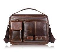 Karoukee Vintage Multi-pocket Messenger Bag for Men, Genuine Leather Crossbody Shoulder Bag, Casual Medium Handbag for Travel Business