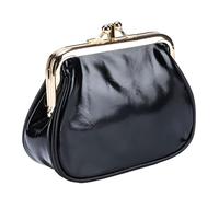 Karoukee Vintage Oil-Waxed Leather Coin Purse for Women, Mini Wallet with Gold Kiss-Lock Clasp, Double Compartments & Polka Dot Lining, Ladies Purse for Coins, Cards, Cash, Lipstick - Black