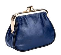Karoukee Vintage Oil-Waxed Leather Coin Purse for Women, Mini Wallet with Gold Kiss-Lock Clasp, Double Compartments & Polka Dot Lining, Ladies Purse for Coins, Cards, Cash, Lipstick - Blue