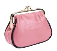 Karoukee Vintage Oil-Waxed Leather Coin Purse for Women, Mini Wallet with Gold Kiss-Lock Clasp, Double Compartments & Polka Dot Lining, Ladies Purse for Coins, Cards, Cash, Lipstick - Pink