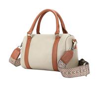 Karoukee Vintage Shoulder Bag for Women, Cowhide Leather Crossbody Bag with Adjustable Bohemian Style Strap, Medium Size Barrel Bag, Designer Top Handle Handbag for Daily Use - Cream & Brown