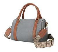 Karoukee Vintage Shoulder Bag for Women, Cowhide Leather Crossbody Bag with Adjustable Bohemian Style Strap, Medium Size Barrel Bag, Designer Top Handle Handbag for Daily Use - Gray & Brown