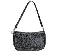 Karoukee Vintage Women's Shoulder Bag with Embossed Flower Pattern - Crescent Moon Crossbody Purse, Genuine Cowhide Leather, 2 Removable Straps(Leather & Woven) - Black