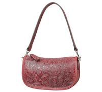 Karoukee Vintage Women's Shoulder Bag with Embossed Flower Pattern - Crescent Moon Crossbody Purse, Genuine Cowhide Leather, 2 Removable Straps(Leather & Woven) - Red