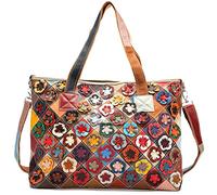 Karoukee Women's Colorful Laptop Tote Bag, Stylish Genuine Leather Hobo Handbag with Patchwork Design, Ladies Large Shoulder Bag Purse