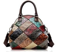 Karoukee Women's Colorful Patchwork Genuine Leather Handbag, Vintage Embossed Crossbody Shoulder Bag, Ladies Tote Bag with Top Handle