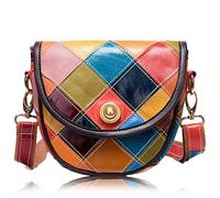 Karoukee Womens Colorful Patchwork Oil Leather Crossbody Bag, Stylish Small Cell Phone Saddle Shoulder Purse, Ladies Stylish Handbag