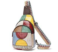 Karoukee Women's Genuine Leather Sling Backpack - Color Block Patchwork Crossbody Bag with Colorful Adjustable Strap, Multi-Pocket Chest Bag, Bohemian Style Shoulder Bag for Ladies