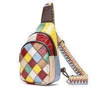 Karoukee Women's Genuine Leather Sling Backpack - Color Block Patchwork Crossbody Bag with Colorful Adjustable Strap, Multi-Pocket Chest Bag, Bohemian Style Shoulder Bag for Ladies