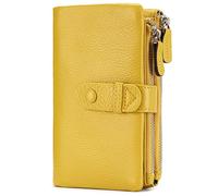 Karoukee Women's Genuine Leather Wallet, Multi Functional Large Capacity Travel Wallet with 2 Zipper Pockets, 18 Card Pockets, ID Window & Detachable Card Sleeve - Yellow