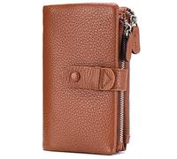 Karoukee Women's Genuine Leather Wallet, Multi Functional Large Capacity Travel Wallet with 2 Zipper Pockets, 18 Card Pockets, ID Window & Detachable Card Sleeve - Brown