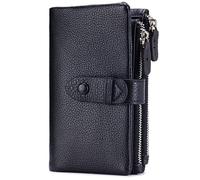 Karoukee Women's Genuine Leather Wallet, Multi Functional Large Capacity Travel Wallet with 2 Zipper Pockets, 18 Card Pockets, ID Window & Detachable Card Sleeve - Black