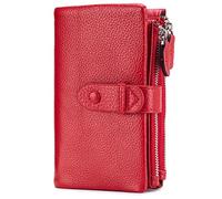 Karoukee Women's Genuine Leather Wallet, Multi Functional Large Capacity Travel Wallet with 2 Zipper Pockets, 18 Card Pockets, ID Window & Detachable Card Sleeve - Red