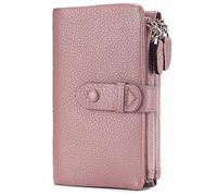 Karoukee Women's Genuine Leather Wallet, Multi Functional Large Capacity Travel Wallet with 2 Zipper Pockets, 18 Card Pockets, ID Window & Detachable Card Sleeve - Pink