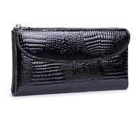 Karoukee Women's Genuine Leather Wallet with Crocodile Texture, Large Capacity RFID Blocking Card Holder, Stylish Ladies Phone Purse with 10 Card Slots, ID/Photo Window & Zipper Pocket - Black
