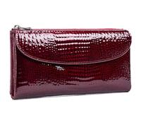 Karoukee Women's Genuine Leather Wallet with Crocodile Texture, Large Capacity RFID Blocking Card Holder, Stylish Ladies Phone Purse with 10 Card Slots, ID/Photo Window & Zipper Pocket - Burgundy