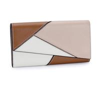 Karoukee Women's Genuine Leather Wallet with Geometric Color-Blcok Design, Modern Large Capacity Cell Phone Purse, RFID Blocking Credit Card Holder Organizer - Brown/Apricot/White