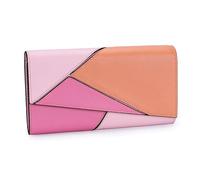 Karoukee Women's Genuine Leather Wallet with Geometric Color-Blcok Design, Modern Large Capacity Cell Phone Purse, RFID Blocking Credit Card Holder Organizer - Pink/Brown/Rose