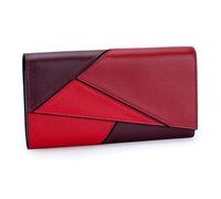 Karoukee Women's Genuine Leather Wallet with Geometric Color-Blcok Design, Modern Large Capacity Cell Phone Purse, RFID Blocking Credit Card Holder Organizer - Burgundy/Bright Red
