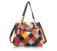 Karoukee Women's Patchwork Handbag with Top Handle, Unique Leather Shoulder Bag, Colorful Medium Crossbody Bag for Ladies