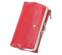 Karoukee Women's RFID Blocking Wallet Frame Clasp Closure - Goatskin Leather Purse with Phone Pocket (Fits 6.3" Device) & 8 Card Slots | Zippered Pocket Travel Organizer Coin Purse - Red