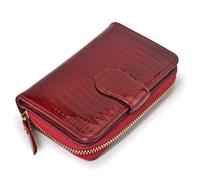 Karoukee Women's Small Patent Leather Wallet with Crocodile-Embossed Pattern - Small Zipper Coin Purse with 8 Card Slots/ID Window, Compact Large Capacity Bifold Wallet for Ladies (Red)