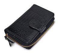 Karoukee Women's Small Patent Leather Wallet with Crocodile-Embossed Pattern - Small Zipper Coin Purse with 8 Card Slots/ID Window, Compact Large Capacity Bifold Wallet for Ladies (Black)