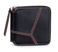 Karoukee Women's Small Wallet with Geometric Color-Block Design, Genuine Leather Zip Around Purse, RFID Blocking Credit Card Holder with 4 Card Slots & Coin Pocket - Black/Brown