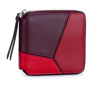 Karoukee Women's Small Wallet with Geometric Color-Block Design, Genuine Leather Zip Around Purse, RFID Blocking Credit Card Holder with 4 Card Slots & Coin Pocket - Burgundy/Bright Red