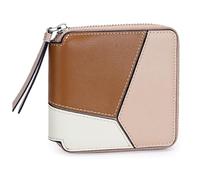 Karoukee Women's Small Wallet with Geometric Color-Block Design, Genuine Leather Zip Around Purse, RFID Blocking Credit Card Holder with 4 Card Slots & Coin Pocket - Brown/Apricot/White